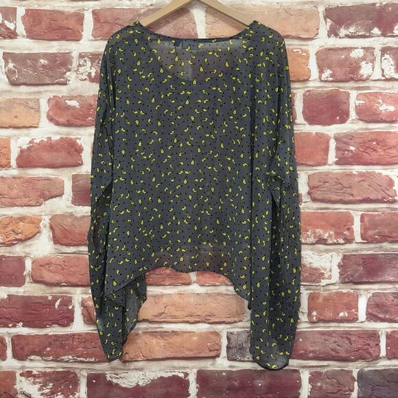 Allen B Schwartz Kimono Top Shirt Women's XL Gray Yellow Birds Sheer Popover - Picture 4 of 8